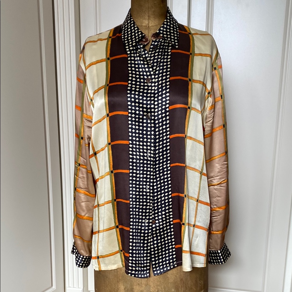Como Vintage Cream and Orange Blouse with Plaid Design ..